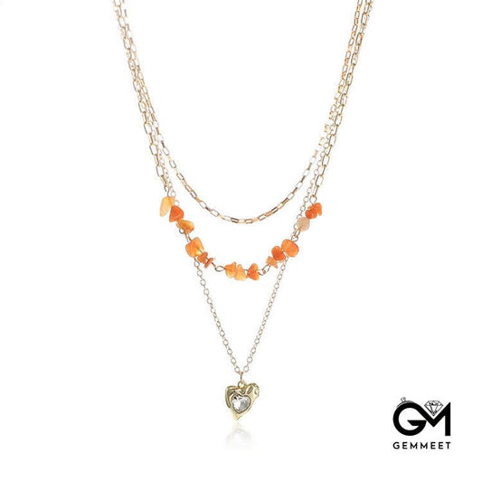 Agate White Zircon Irregular Heart Pendant Layered Necklace