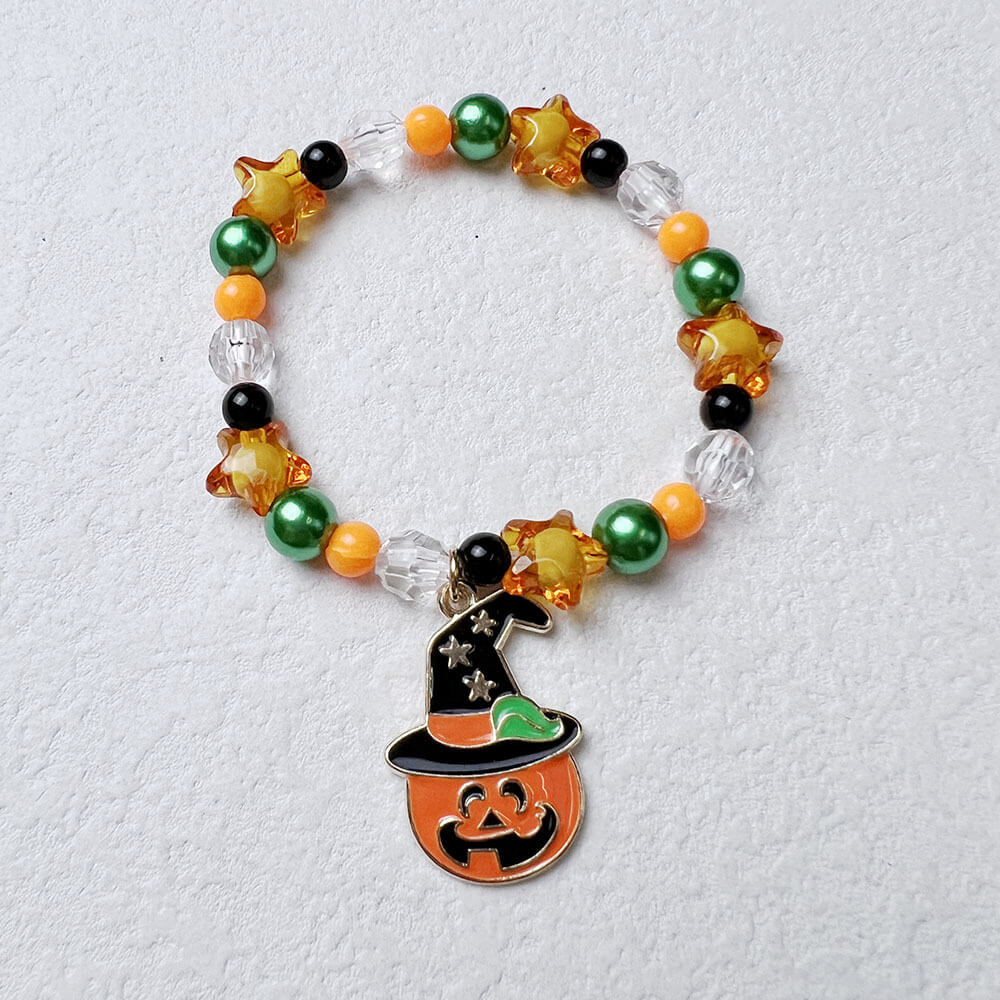 Halloween Pumpkin Bat Bracelet Acrylic Faux Pearl Orange Line Bracelet