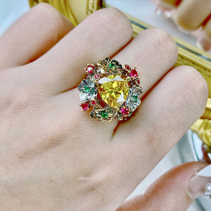 Palace Wind Craftsmanship Bright High-end Open Ring Imitation Natural Citrine Colored Gemstone Ring