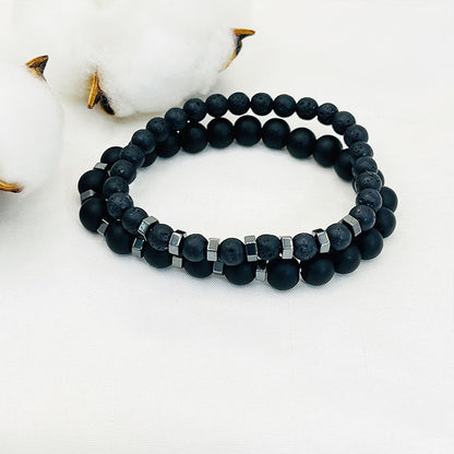 Mens Blakc Lava Stone Stretch Set Bracelet