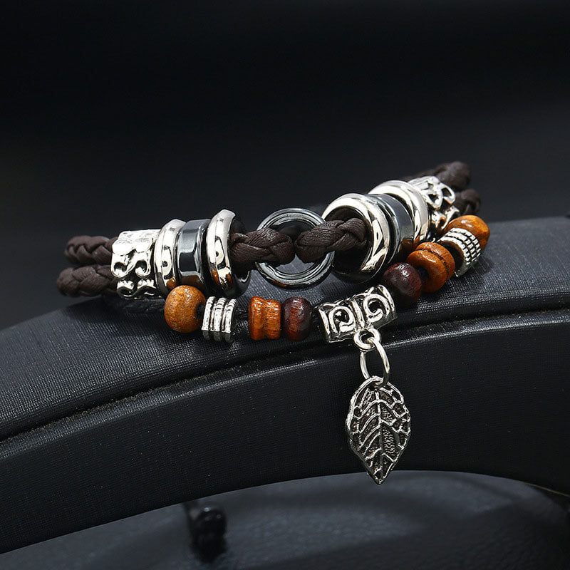 Creative Multilayer Braided Leaves Pendant Men's Leather Bracelet