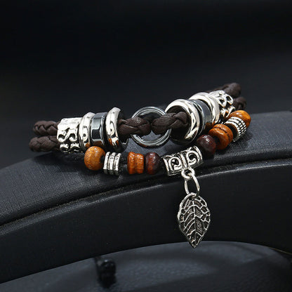 Creative Multilayer Braided Leaves Pendant Men's Leather Bracelet