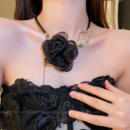 Leather Mesh Flower Long Chain Necklace