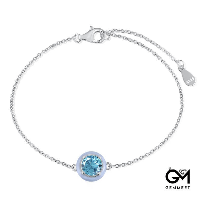 S925 Sterling Silver Round Blue Drop Rubber Zircon Bracelet