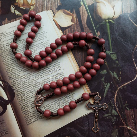 Red Brown 10mm Wooden Bead Cross Rosary Necklace