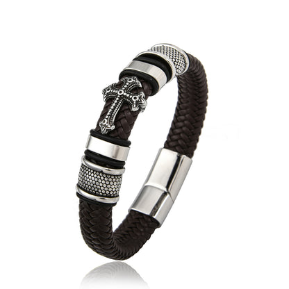 Cross Leather Braided Bracelet with Magnetic Buckle for Men