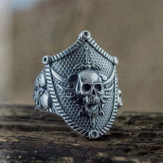 Vintage Sword With Shield Skull Ring