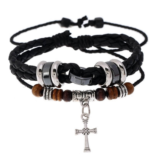 Braided Woven Leather Cross Tiger Eye Bracelet