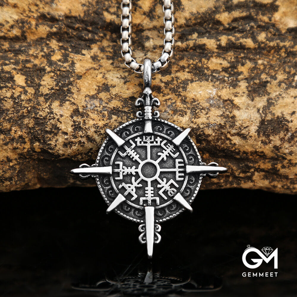 Vintage Stainless Steel Compass Rune Necklace