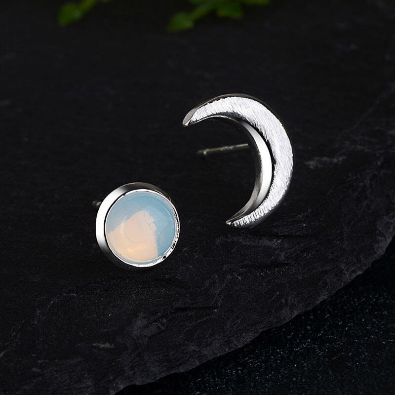 Brushed Sun&Moon Asymmetrical Moonstone Stud Earrings