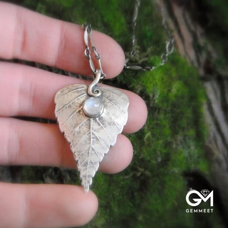 "Spring Choice" - Moonstone Birch Leaf Necklace