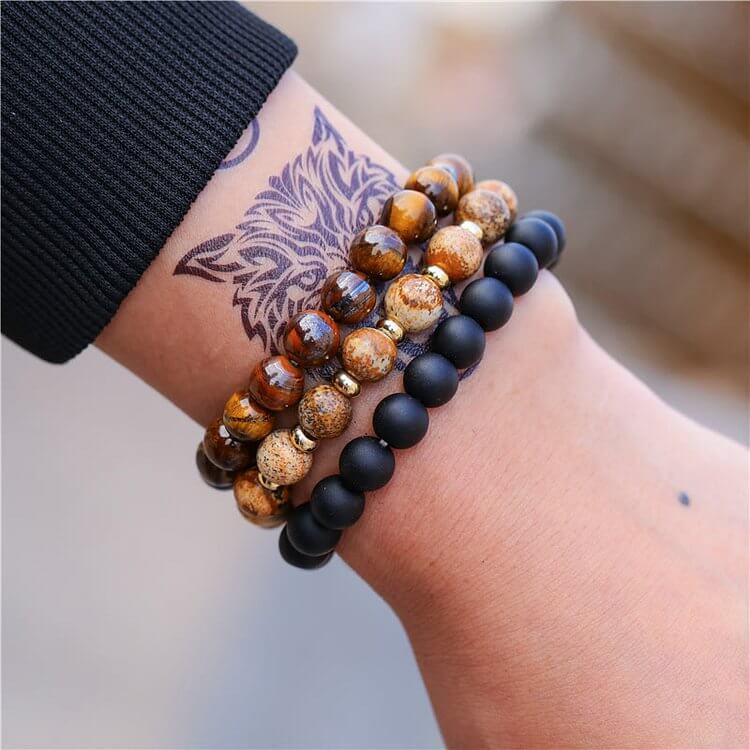 3Pcs Picture Jasper Tiger Eye Black Onyx Beaded Bracelets