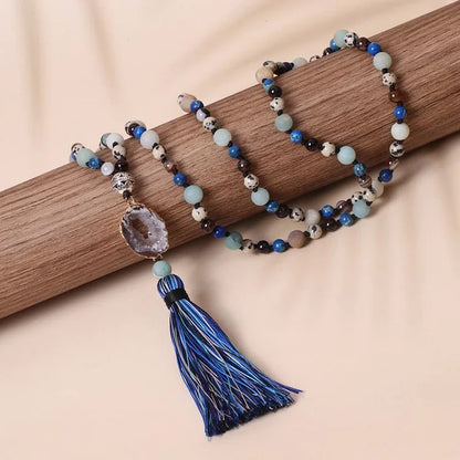 Amazonite Beaded Necklace Tassel Agate Pendant Mala Necklace