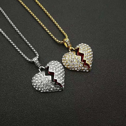 Hip Hop Gold Plated Zirconia Red Rubber Broken Heart Pendant