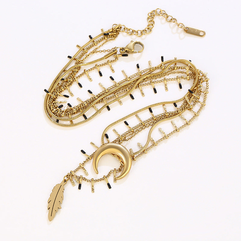 Three-layer Clavicle Chain Moon Feather Necklace