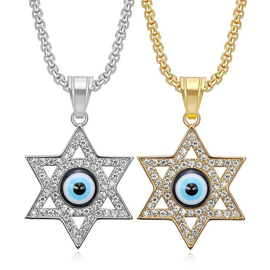 Hip Hop Gold Plated Zirconia Blue Eye Hexagram Pendant