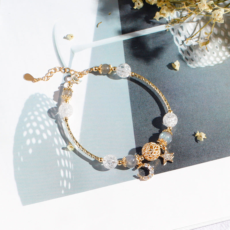 White Exploded Crystal Moonstone Star and Moon Bracelet