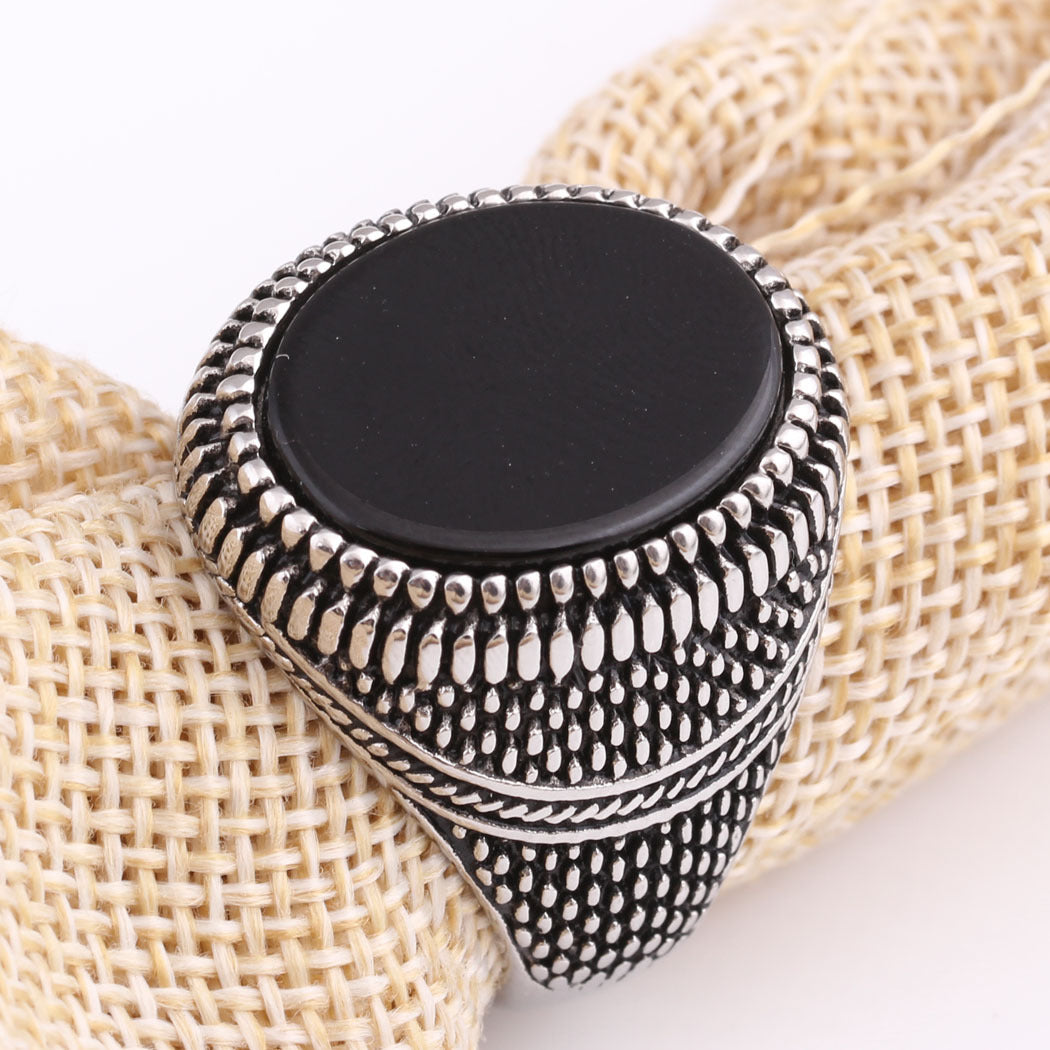 Vintage Stainless Steel Black Stone Ring for Men