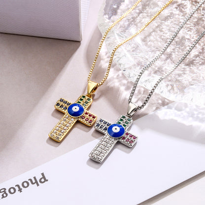 Evil Eye Cross Full Color Stones Pendant Necklace