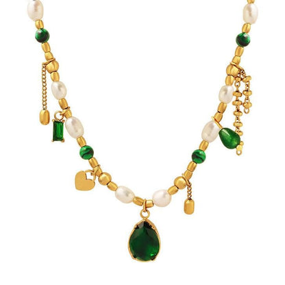 Emerald Pearl Beaded Non Fading Golden Necklace