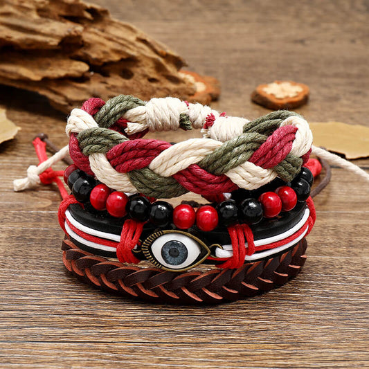 Boho Colorful Set of Four Leather Bracelets Vintage Braided Eye Bracelets