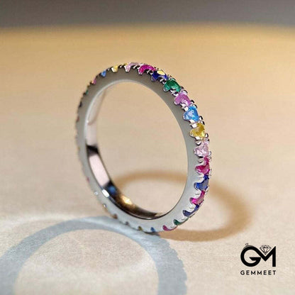 White Gold Prong Common Rainbow Stones Band Ring