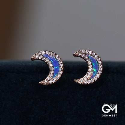 Blue Opal Zircon Moon Shape Earrings