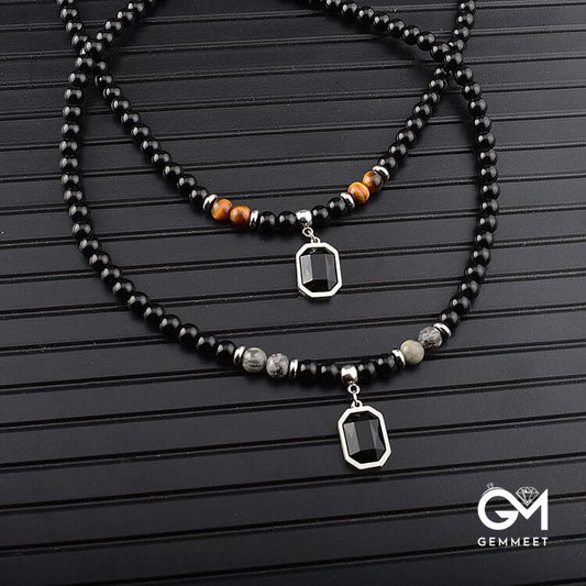 Tiger Eye Obsidian Beaded Men Titanium Steel Necklace