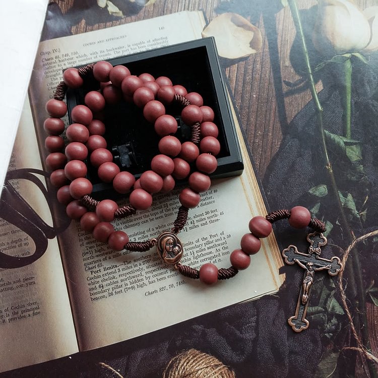 Red Brown 10mm Wooden Bead Cross Rosary Necklace