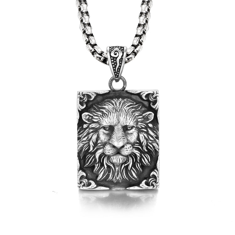 Sterling Silver Square Male Lion Pendants Necklace