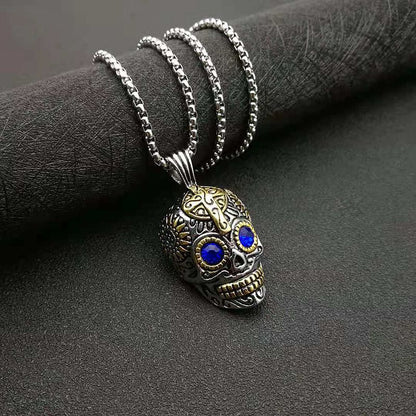 Halloween Retro Punk Gold Plated Blue Zircon Skull Pendant