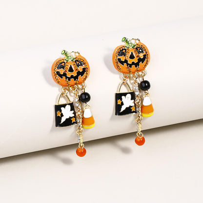 Halloween New Oil Drop Diamond Pumpkin Head Ghost Pendant Earrings