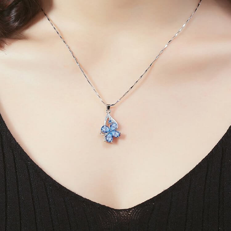 Blue Topaz Drop Clover Lucky Necklace