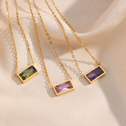 Stainless Steel Square Zircon Color Pendant Necklace