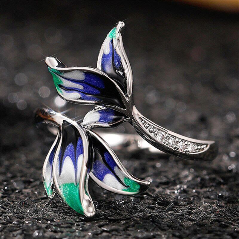 Blue Pink Feather Leaves Ring