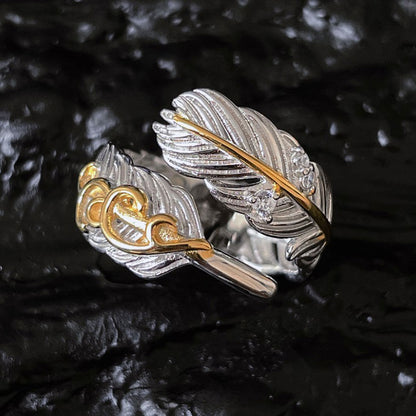 Rhodium-plated Silver Two-Tone Gold Colorblock Feather Ring