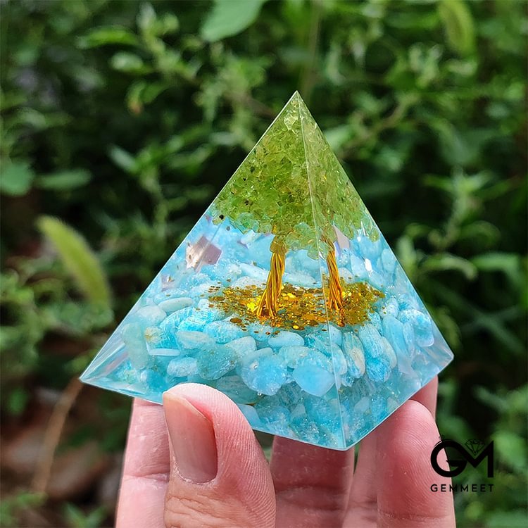 Amazonite with Peridot Tree Of Life Orgone Pyramid