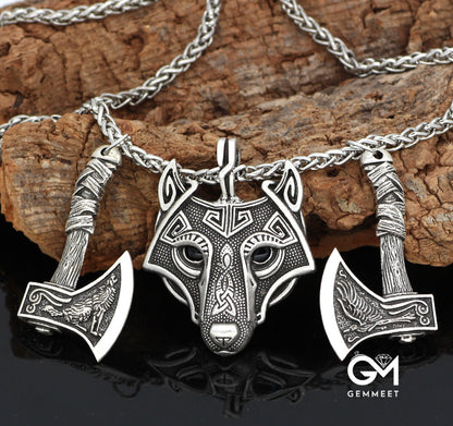 Viking Crow Wolf Head Axe Pendant Necklace