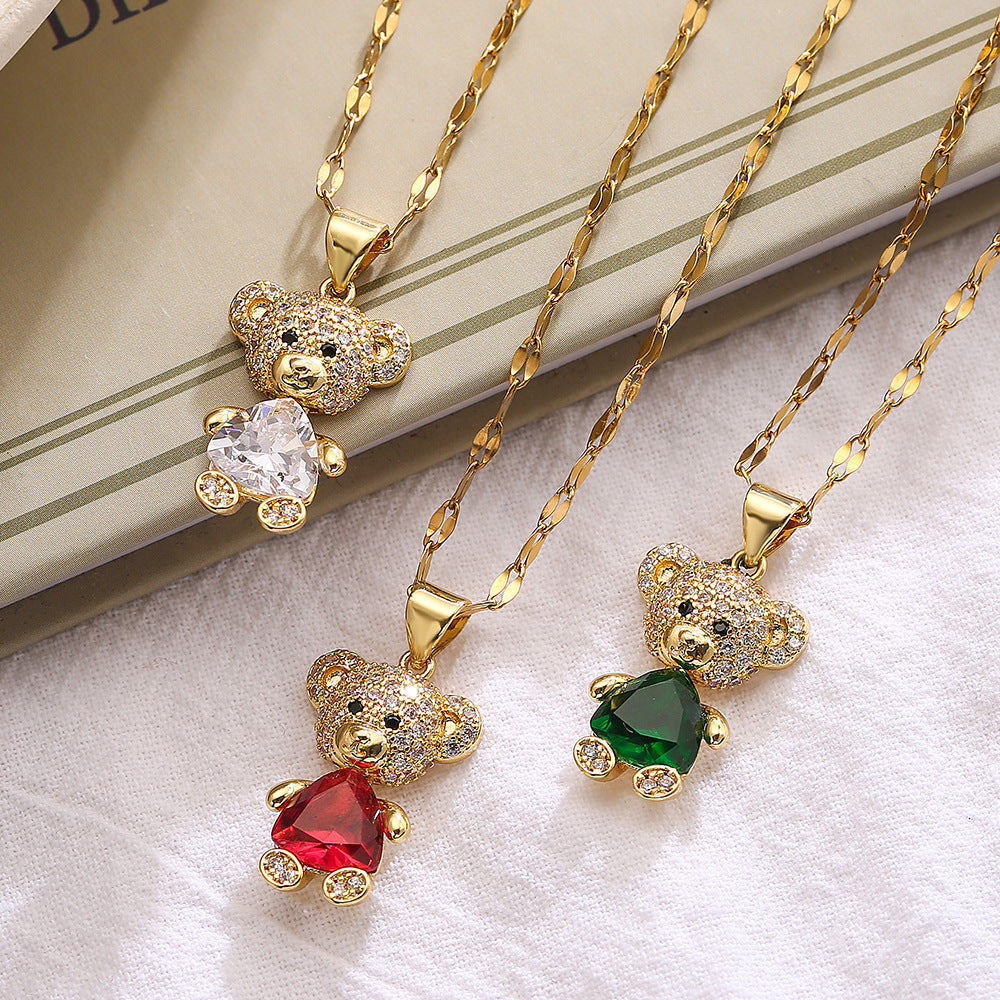 Cute Triangle Stones Bear Pendant Necklace