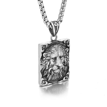 Sterling Silver Square Male Lion Pendants Necklace