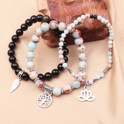 Life of Tree Lotus & Leaf Symbol Obsidian Amazonite Bracelet