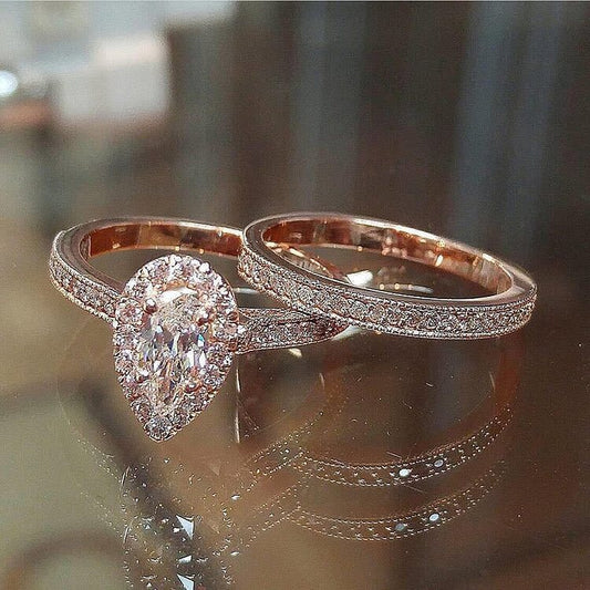 2 Pcs Rose Gold Pear Shape Zircon Ring Set