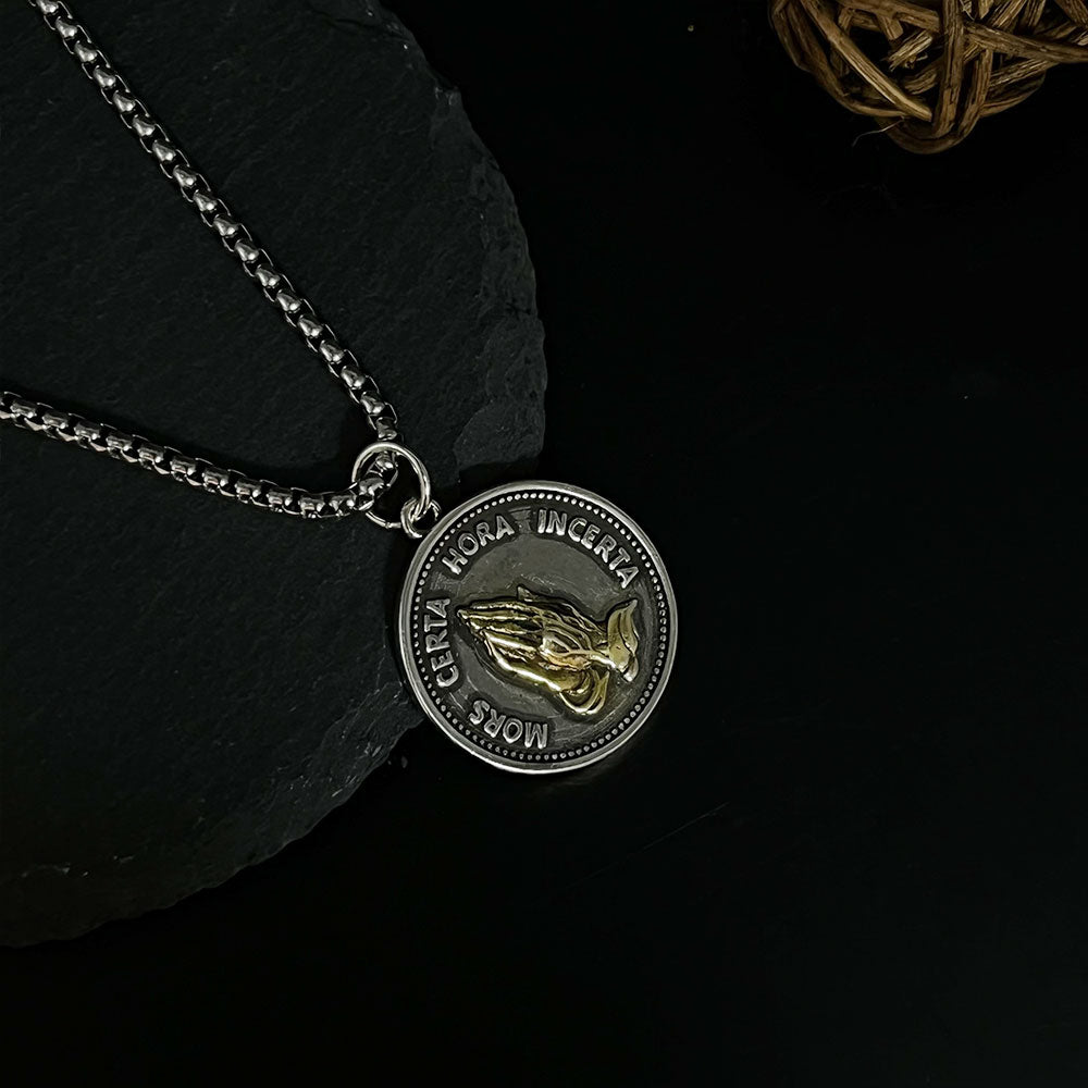 Men's Prayer Hand Metal Coin Necklace