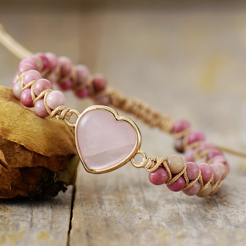 Heart Shape Rose Quartz Natural Stone Beaded Bracelet