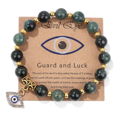 Purple Jade & Color Stone Bead Evil Eye Pendant Bracelet