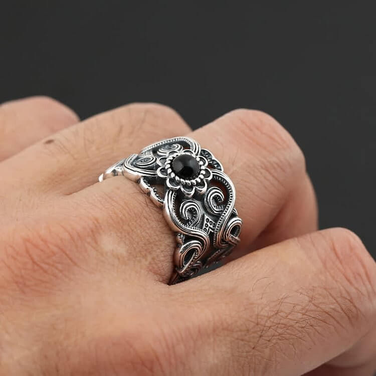 Ethnic Black Onyx Pattern Adjustable Ring