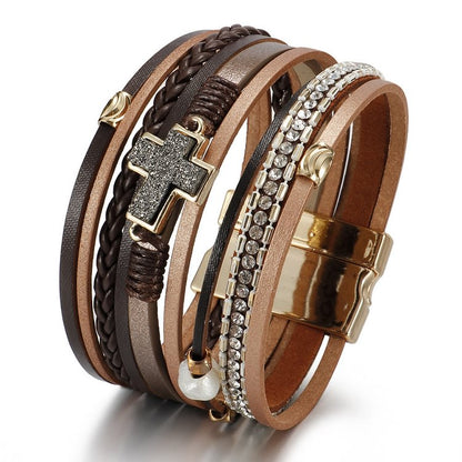 Zircon Pearl Cross Accessory Multi-Layered Leather Bracelet