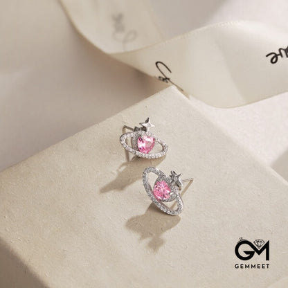 S925 Sterling Silver Pink Heart Zircon Planet Earrings