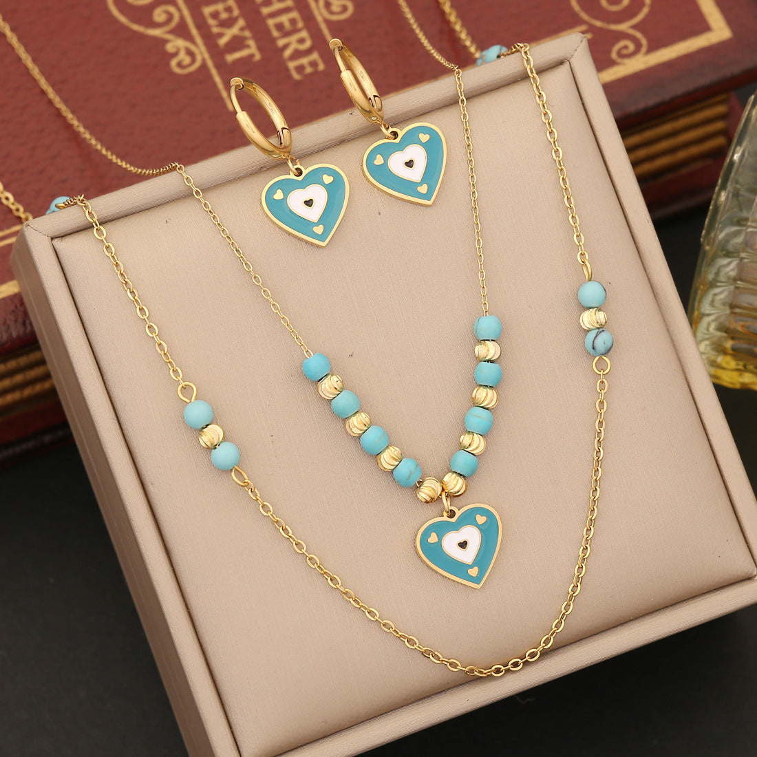 Color Bead Heart Evil Eye Pendant Bracelet Necklace & Earrings