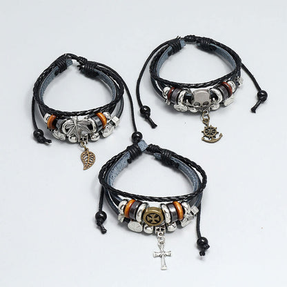 Creative Handmade Beaded Cross Leather Bracelet Retro Trend Multilayer Men's Bracelet